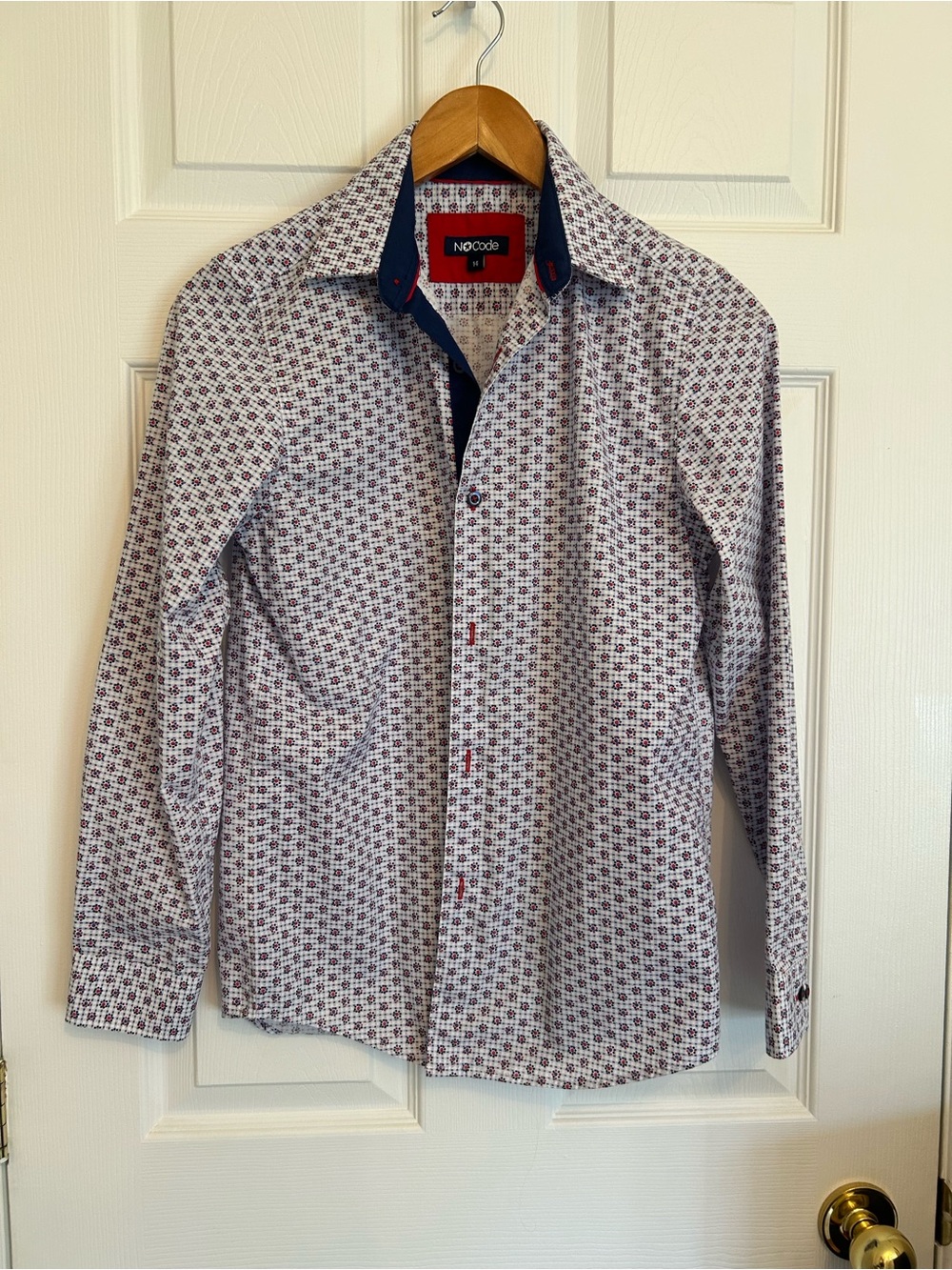 Boys White, Burgundy & Navy Patterned Button-Up Shirt- size 14